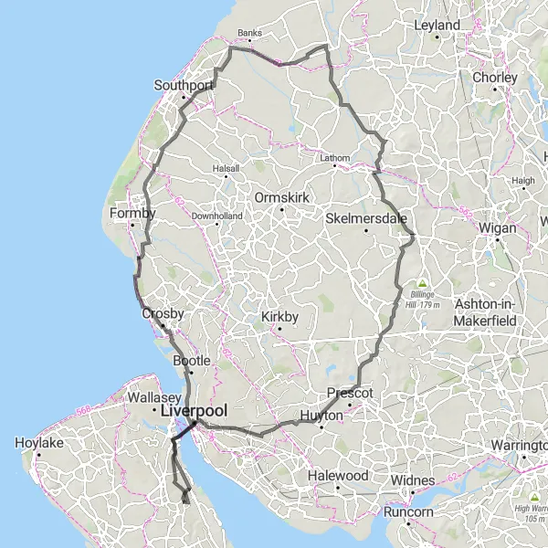 Map miniature of "The Wirral Highlights" cycling inspiration in Merseyside, United Kingdom. Generated by Tarmacs.app cycling route planner