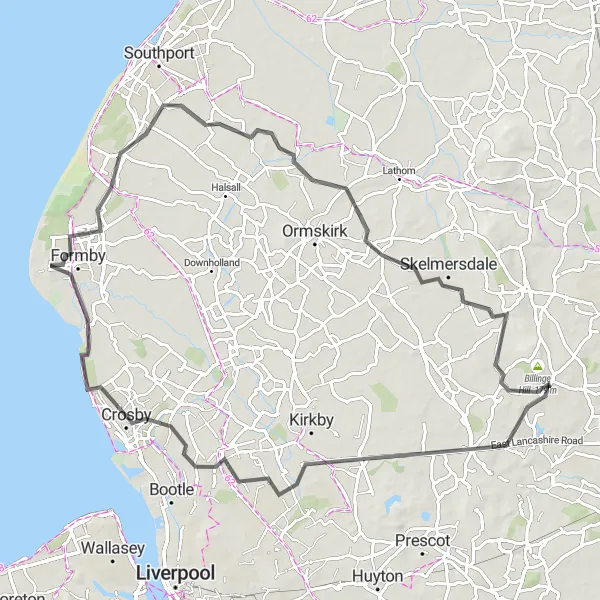 Map miniature of "The Scenic Countryside Escape" cycling inspiration in Merseyside, United Kingdom. Generated by Tarmacs.app cycling route planner