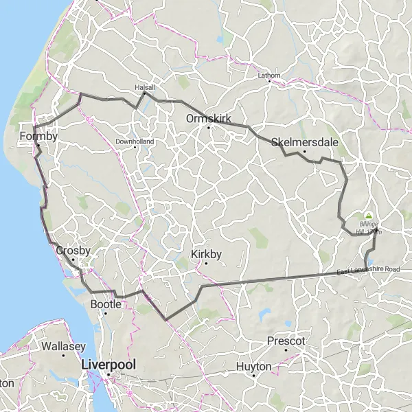 Map miniature of "Liverpool to Skelmersdale Road Trip" cycling inspiration in Merseyside, United Kingdom. Generated by Tarmacs.app cycling route planner