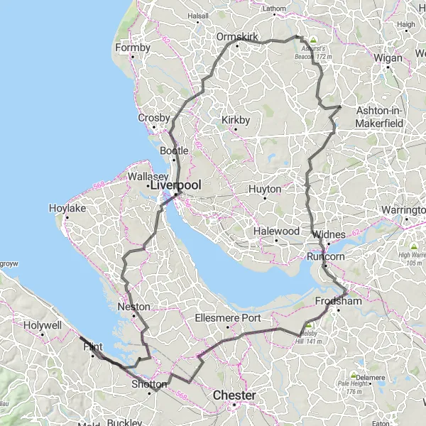 Map miniature of "Liverpool to Neston Epic Cycling Route" cycling inspiration in Merseyside, United Kingdom. Generated by Tarmacs.app cycling route planner