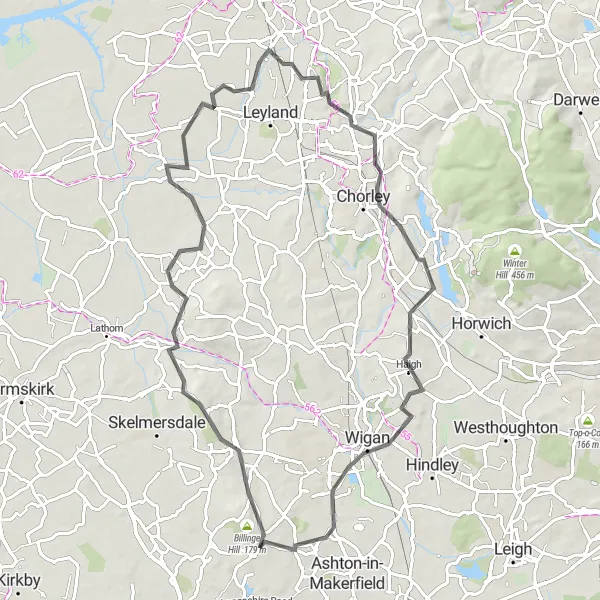 Map miniature of "The Billinge Hill Climb" cycling inspiration in Merseyside, United Kingdom. Generated by Tarmacs.app cycling route planner