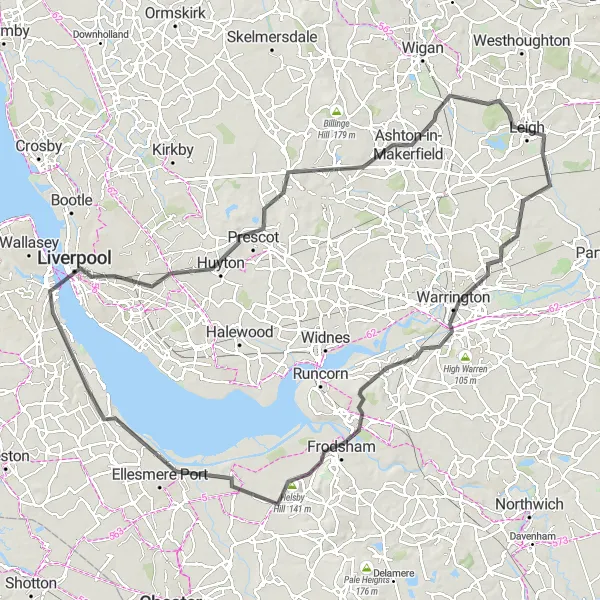 Map miniature of "Cultural Journey to Frodsham" cycling inspiration in Merseyside, United Kingdom. Generated by Tarmacs.app cycling route planner