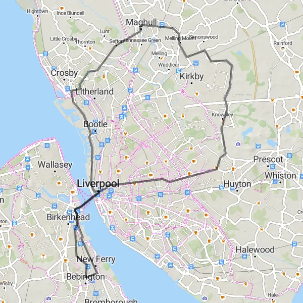 Map miniature of "Liverpool and Beyond" cycling inspiration in Merseyside, United Kingdom. Generated by Tarmacs.app cycling route planner