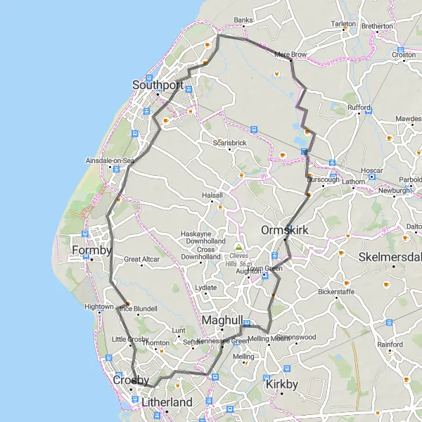 Map miniature of "Little Altcar to Netherton Road Loop" cycling inspiration in Merseyside, United Kingdom. Generated by Tarmacs.app cycling route planner