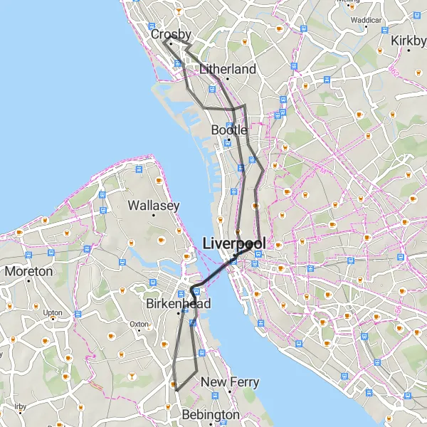 Map miniature of "Liverpool to Crosby Road Loop" cycling inspiration in Merseyside, United Kingdom. Generated by Tarmacs.app cycling route planner