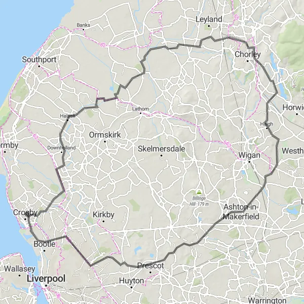 Map miniature of "Challenging Road Ride" cycling inspiration in Merseyside, United Kingdom. Generated by Tarmacs.app cycling route planner
