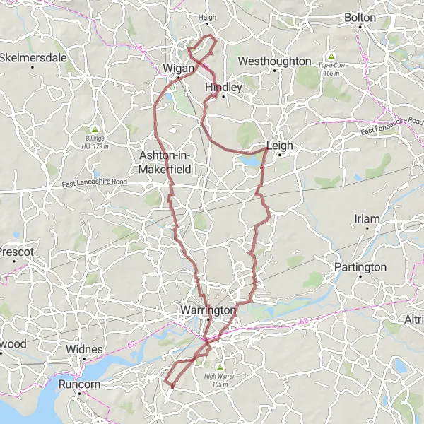 Map miniature of "Warrington Gravel Loop" cycling inspiration in Merseyside, United Kingdom. Generated by Tarmacs.app cycling route planner