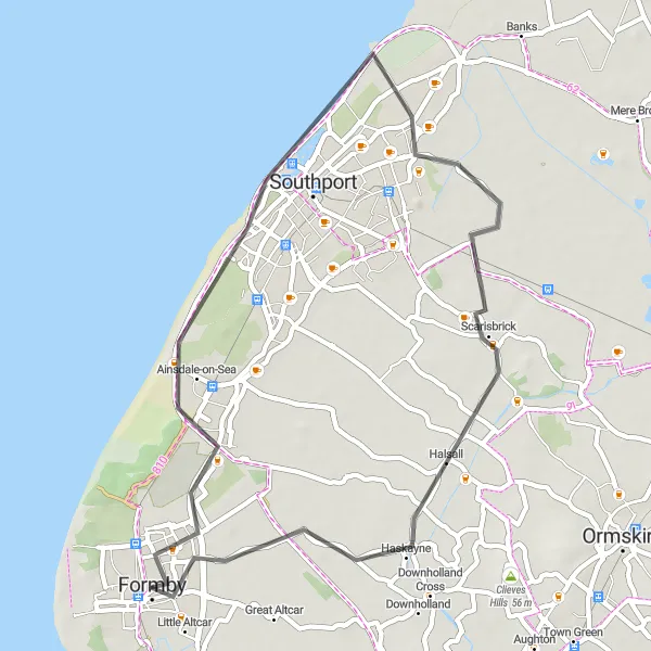 Map miniature of "The Coastal Expedition" cycling inspiration in Merseyside, United Kingdom. Generated by Tarmacs.app cycling route planner