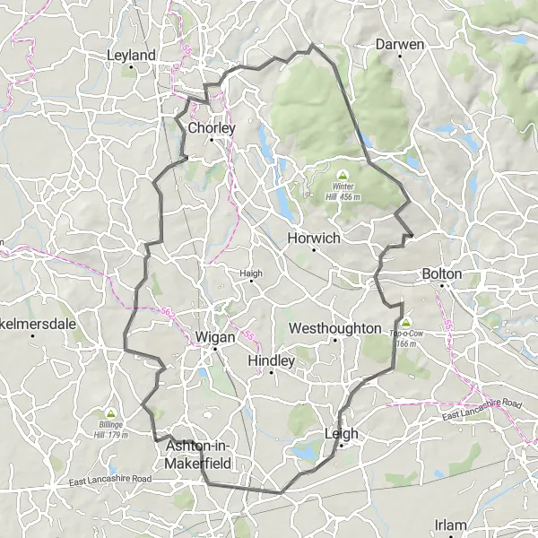 Map miniature of "The Wigan Challenge" cycling inspiration in Merseyside, United Kingdom. Generated by Tarmacs.app cycling route planner