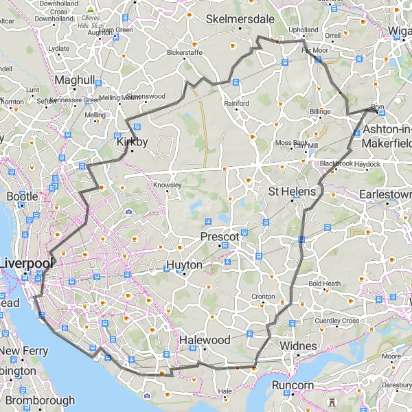 Map miniature of "Journey through Bolton: Tales of History, Style, and Nature" cycling inspiration in Merseyside, United Kingdom. Generated by Tarmacs.app cycling route planner