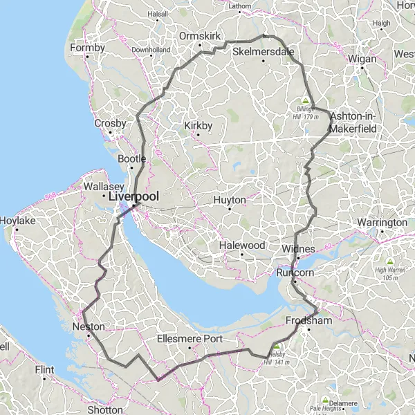 Map miniature of "The Welsh Border Loop" cycling inspiration in Merseyside, United Kingdom. Generated by Tarmacs.app cycling route planner