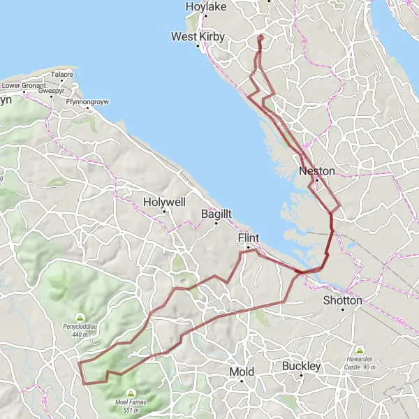 Map miniature of "Scenic Gravel Adventure" cycling inspiration in Merseyside, United Kingdom. Generated by Tarmacs.app cycling route planner