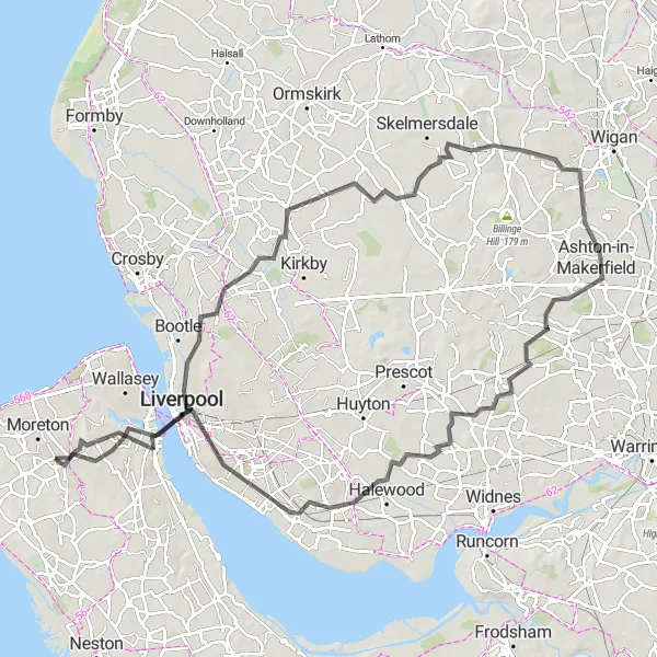 Map miniature of "Cheshire Countryside Tour" cycling inspiration in Merseyside, United Kingdom. Generated by Tarmacs.app cycling route planner