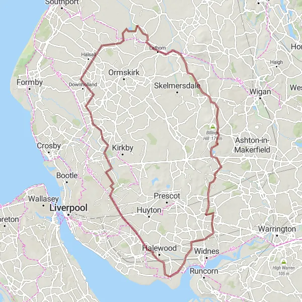 Map miniature of "Merseyside Hill Climbing Challenge" cycling inspiration in Merseyside, United Kingdom. Generated by Tarmacs.app cycling route planner