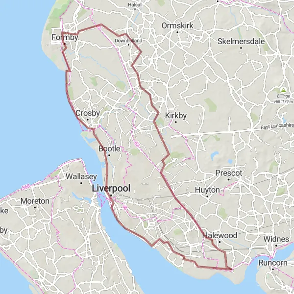 Map miniature of "Merseyside Gravel Adventure" cycling inspiration in Merseyside, United Kingdom. Generated by Tarmacs.app cycling route planner