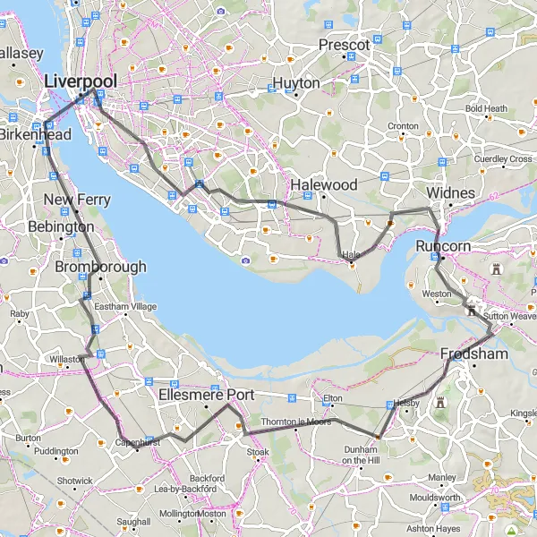 Map miniature of "Scenic Delights and Historic Sites: Runcorn to Woodside" cycling inspiration in Merseyside, United Kingdom. Generated by Tarmacs.app cycling route planner