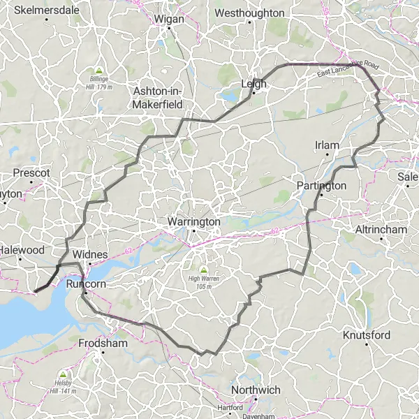 Map miniature of "Merseyside Century Road Ride" cycling inspiration in Merseyside, United Kingdom. Generated by Tarmacs.app cycling route planner
