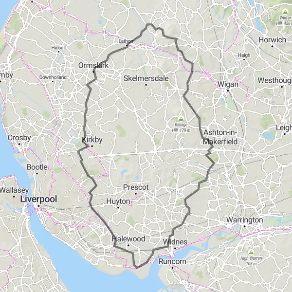 Map miniature of "Merseyside Road Adventure" cycling inspiration in Merseyside, United Kingdom. Generated by Tarmacs.app cycling route planner
