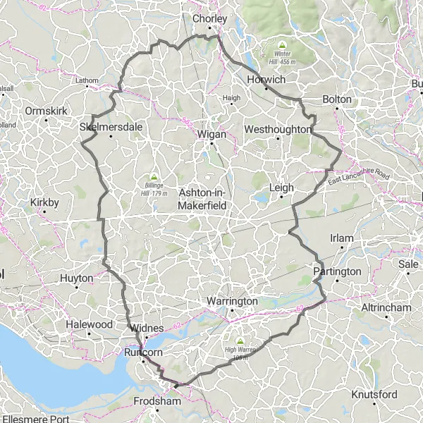 Map miniature of "Challenging Road Adventure" cycling inspiration in Merseyside, United Kingdom. Generated by Tarmacs.app cycling route planner