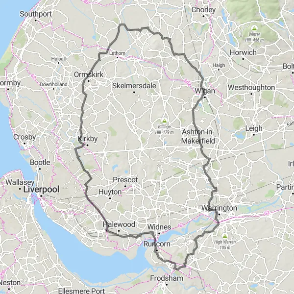 Map miniature of "Historic Road Journey" cycling inspiration in Merseyside, United Kingdom. Generated by Tarmacs.app cycling route planner
