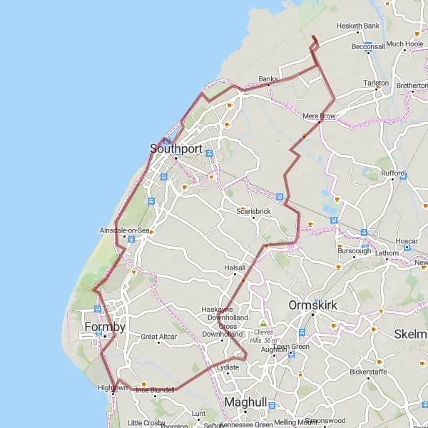 Map miniature of "Scenic Gravel Route: Hightown to Formby and Southport" cycling inspiration in Merseyside, United Kingdom. Generated by Tarmacs.app cycling route planner