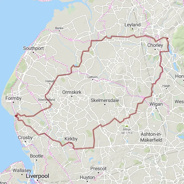 Map miniature of "The Gravel Adventure" cycling inspiration in Merseyside, United Kingdom. Generated by Tarmacs.app cycling route planner