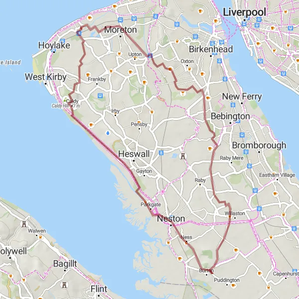 Map miniature of "Moreton and Burton Point Gravel Loop" cycling inspiration in Merseyside, United Kingdom. Generated by Tarmacs.app cycling route planner