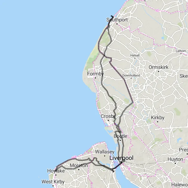 Map miniature of "Moreton and Liverpool Coastal Road" cycling inspiration in Merseyside, United Kingdom. Generated by Tarmacs.app cycling route planner