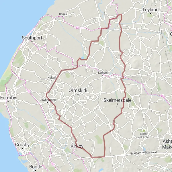 Map miniature of "Melling Mount and Parbold Gravel Adventure" cycling inspiration in Merseyside, United Kingdom. Generated by Tarmacs.app cycling route planner