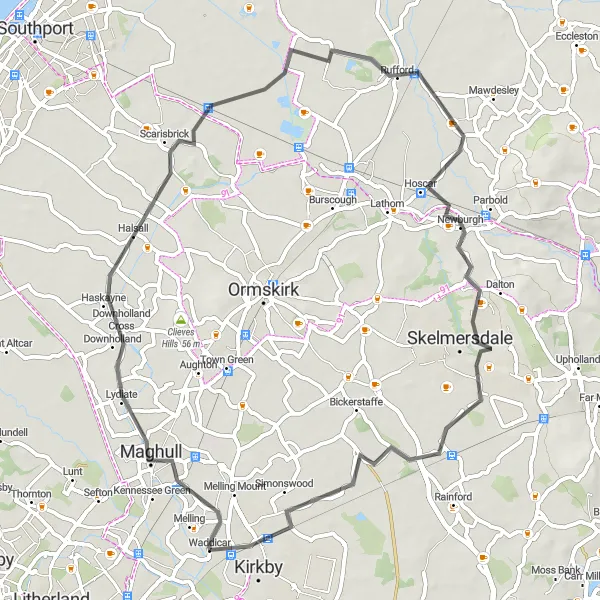 Map miniature of "Melling Mount and Skelmersdale Road Journey" cycling inspiration in Merseyside, United Kingdom. Generated by Tarmacs.app cycling route planner