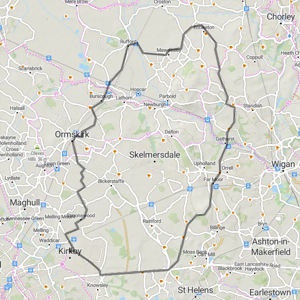 Map miniature of "Merseyside Countryside Road Cycling Route" cycling inspiration in Merseyside, United Kingdom. Generated by Tarmacs.app cycling route planner