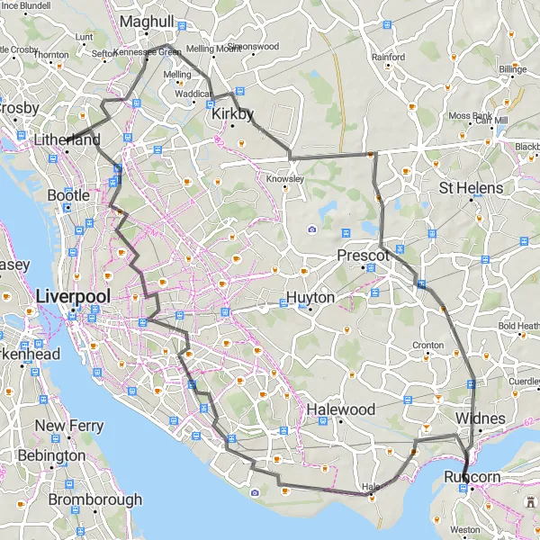 Map miniature of "Litherland to Anfield" cycling inspiration in Merseyside, United Kingdom. Generated by Tarmacs.app cycling route planner