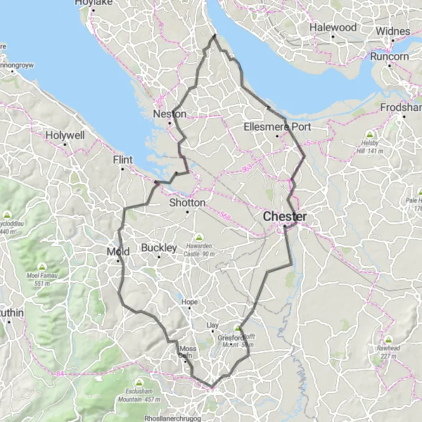 Map miniature of "The Cheshire Challenge" cycling inspiration in Merseyside, United Kingdom. Generated by Tarmacs.app cycling route planner