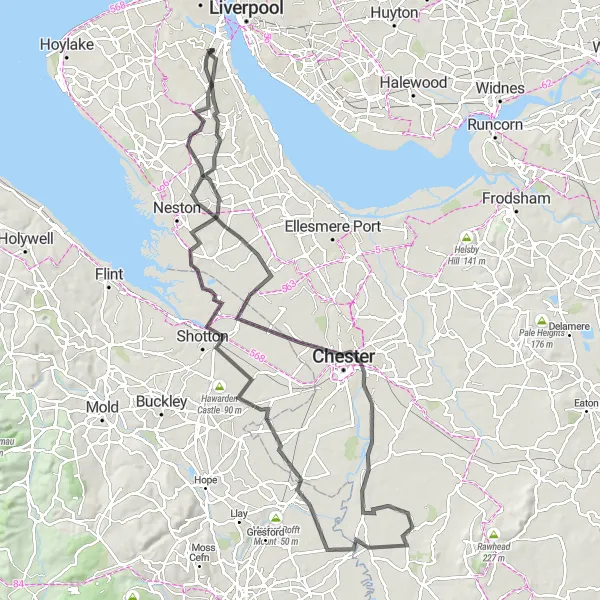 Map miniature of "The Hill Country Ride" cycling inspiration in Merseyside, United Kingdom. Generated by Tarmacs.app cycling route planner