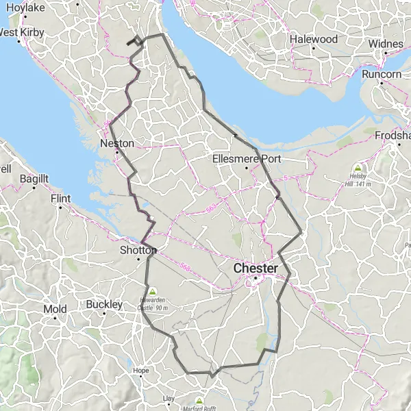 Map miniature of "Cheshire Countryside Loop" cycling inspiration in Merseyside, United Kingdom. Generated by Tarmacs.app cycling route planner