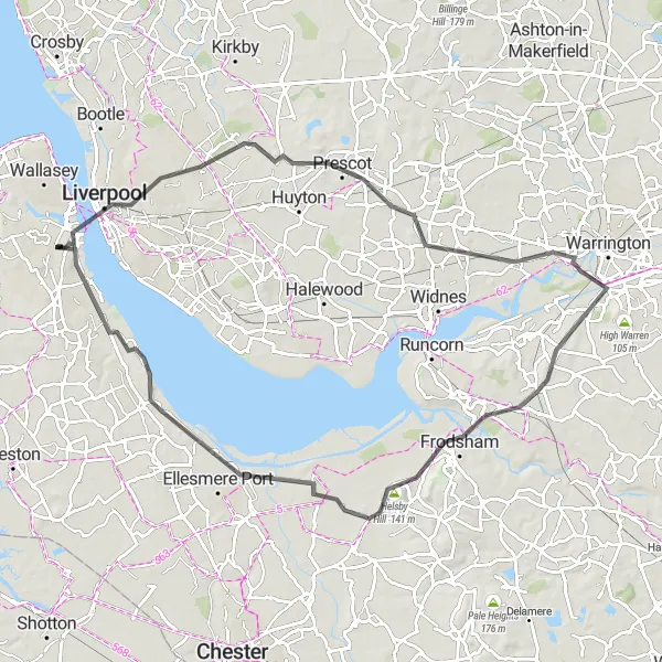 Map miniature of "Liverpool and Beyond" cycling inspiration in Merseyside, United Kingdom. Generated by Tarmacs.app cycling route planner