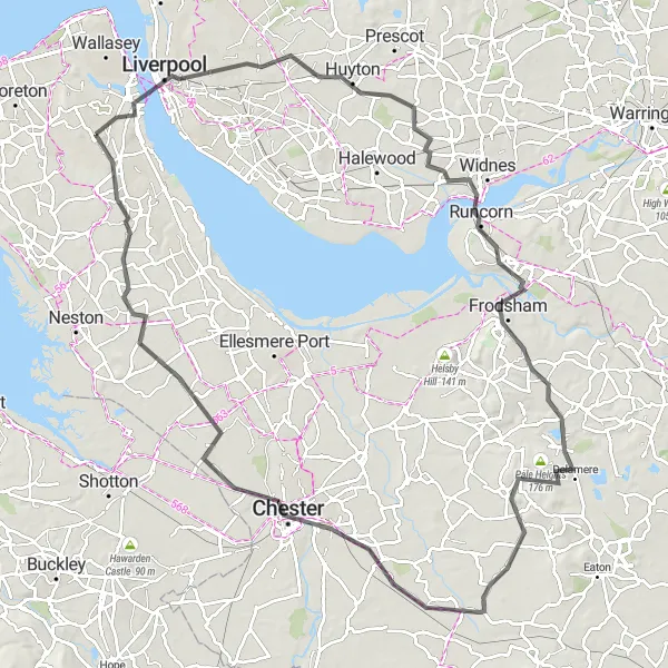 Map miniature of "Gateway to Cheshire" cycling inspiration in Merseyside, United Kingdom. Generated by Tarmacs.app cycling route planner