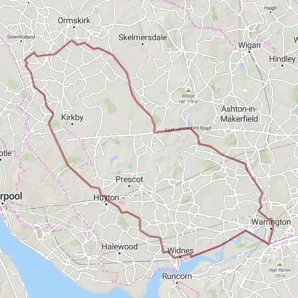 Map miniature of "Warrington and Widnes Loop" cycling inspiration in Merseyside, United Kingdom. Generated by Tarmacs.app cycling route planner