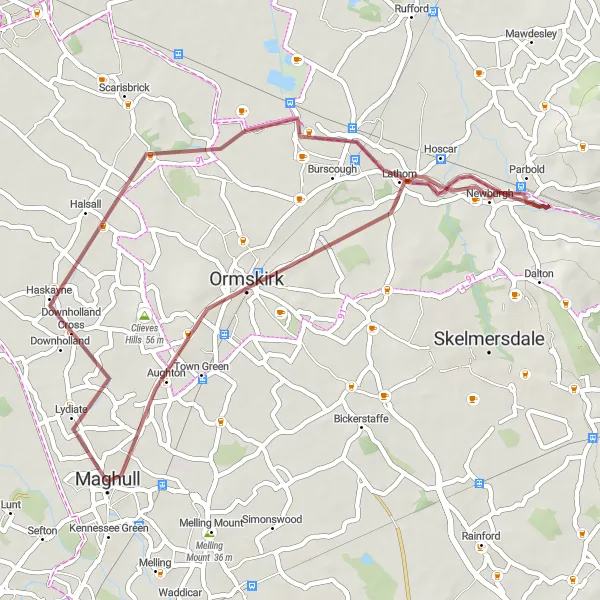 Map miniature of "Maghull to Ormskirk Gravel Route" cycling inspiration in Merseyside, United Kingdom. Generated by Tarmacs.app cycling route planner