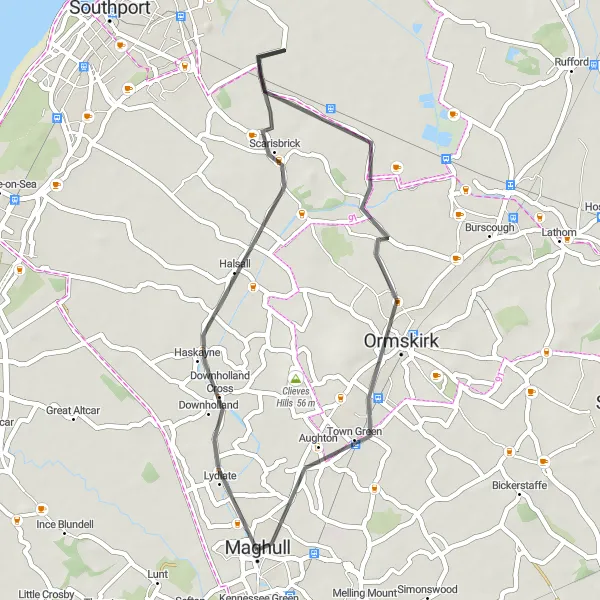 Map miniature of "Ormskirk and Scarisbrick Loop" cycling inspiration in Merseyside, United Kingdom. Generated by Tarmacs.app cycling route planner