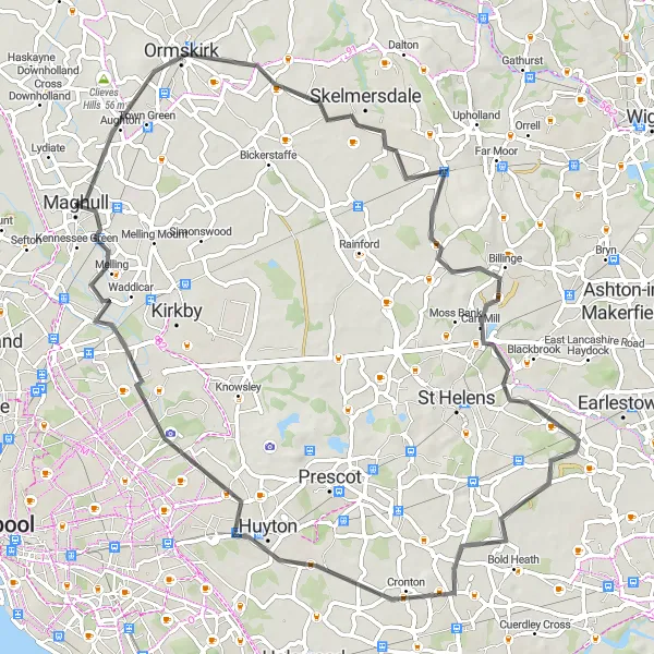 Map miniature of "Ormskirk and Cronton Loop" cycling inspiration in Merseyside, United Kingdom. Generated by Tarmacs.app cycling route planner