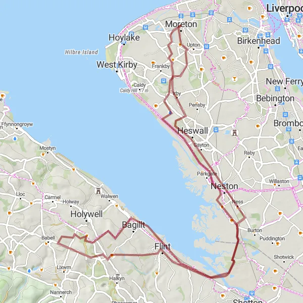 Map miniature of "The Wirral Gravel Adventure" cycling inspiration in Merseyside, United Kingdom. Generated by Tarmacs.app cycling route planner