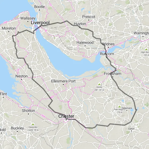 Map miniature of "The Merseyside Road Challenge" cycling inspiration in Merseyside, United Kingdom. Generated by Tarmacs.app cycling route planner