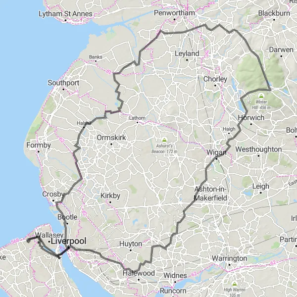 Map miniature of "The Merseyside Epic Grand Tour" cycling inspiration in Merseyside, United Kingdom. Generated by Tarmacs.app cycling route planner