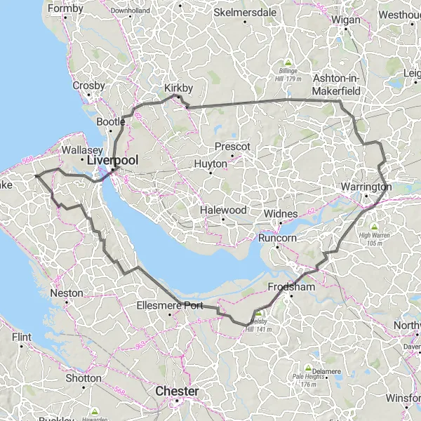 Map miniature of "The Merseyside Adventure" cycling inspiration in Merseyside, United Kingdom. Generated by Tarmacs.app cycling route planner