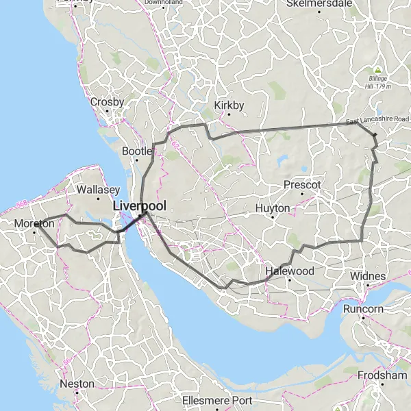 Map miniature of "The Liverpool Explorer" cycling inspiration in Merseyside, United Kingdom. Generated by Tarmacs.app cycling route planner