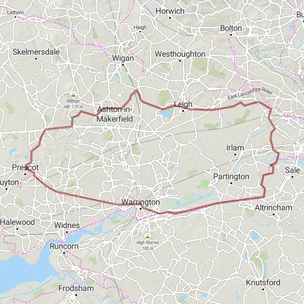 Map miniature of "The Countryside Gravel Odyssey" cycling inspiration in Merseyside, United Kingdom. Generated by Tarmacs.app cycling route planner