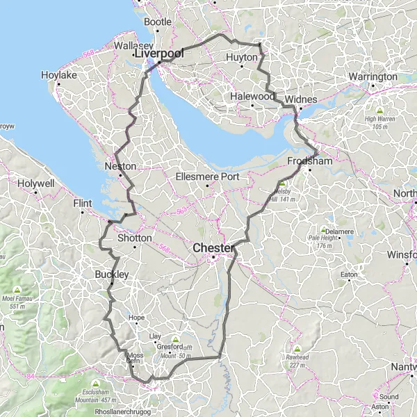Map miniature of "Cheshire Epic Adventure" cycling inspiration in Merseyside, United Kingdom. Generated by Tarmacs.app cycling route planner