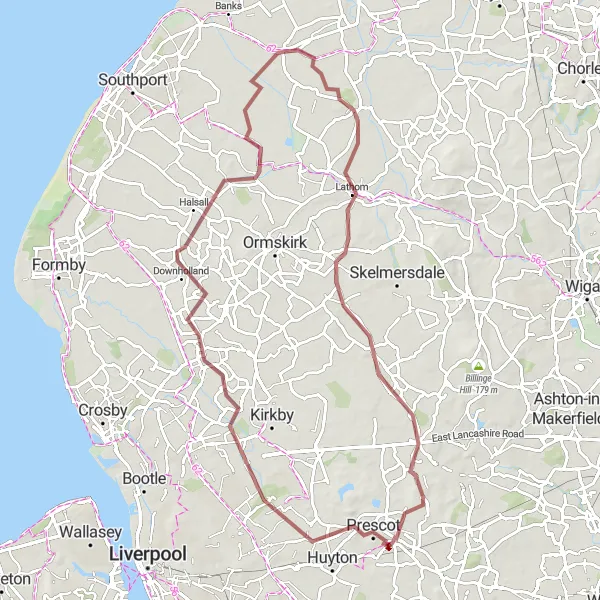 Map miniature of "Prescot and Windle Gravel Route" cycling inspiration in Merseyside, United Kingdom. Generated by Tarmacs.app cycling route planner