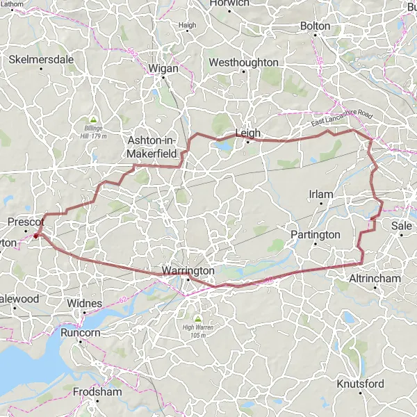 Map miniature of "Rainhill to Urmston Gravel Ride" cycling inspiration in Merseyside, United Kingdom. Generated by Tarmacs.app cycling route planner